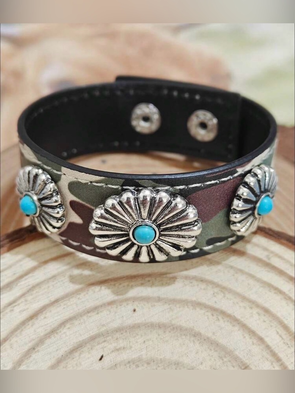 Camouflage and Concho Bracelet with Turquoise Accents